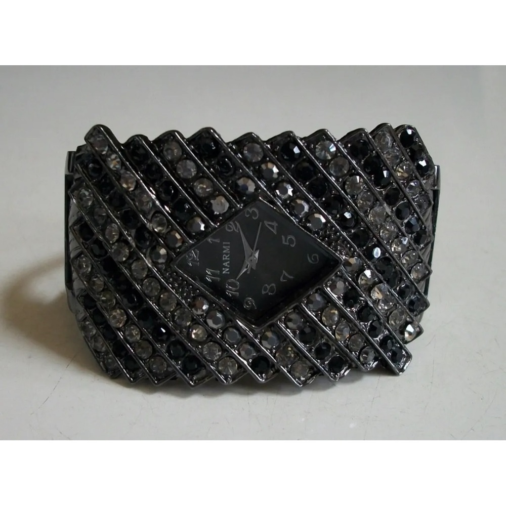Women's Hematite Black finish rhinestone party bridal bangle fashion watch